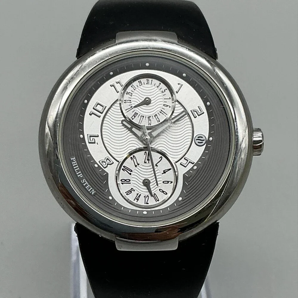 Philip Stein Active Sport Mens Watch 38mm Black Rubber Dual Time New Battery